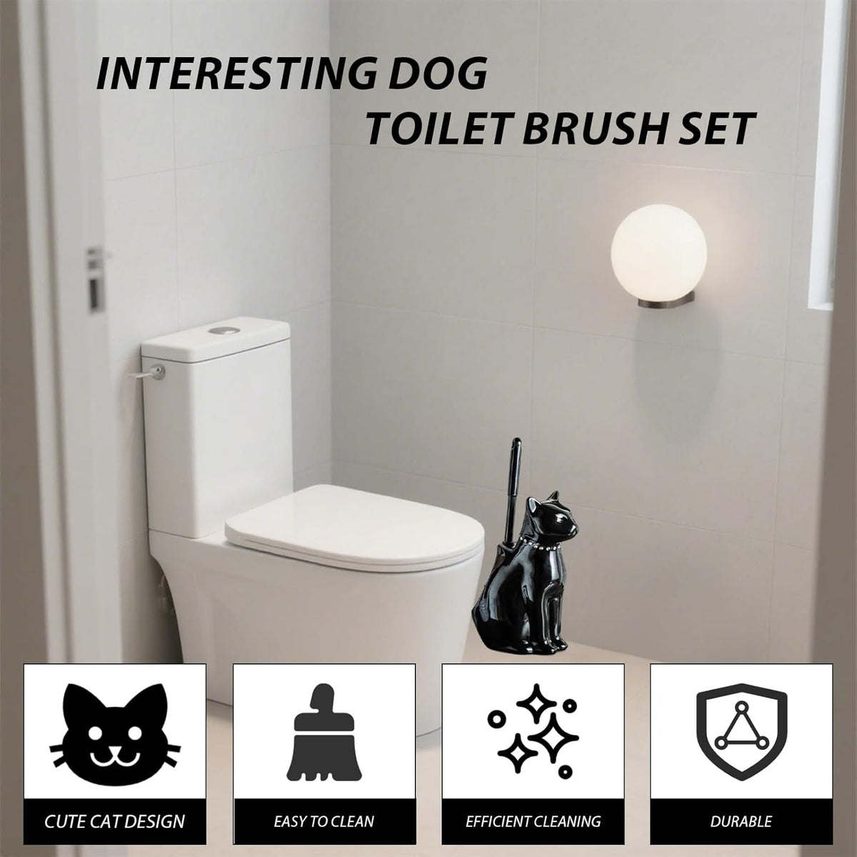 Comeon Ceramic Cat White/Black Toilet Brush and Holder Set, Plastic Handled Scrub Brush for
