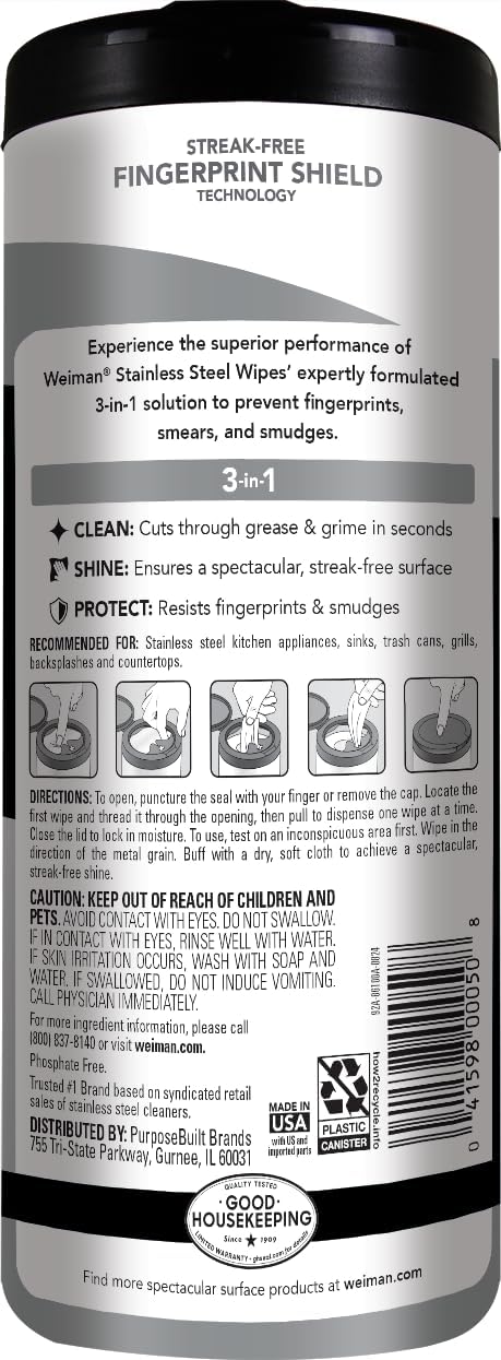 Weiman Stainless Steel Cleaner, 30 Count Cleaning Wipes, Removes Dirt, Grime, and Grease, No