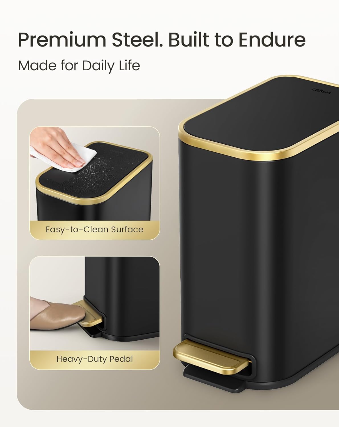 Cesun Small Bathroom Trash Can with Lid Soft Close, 5 Liter/1.3 Gallon Stainless Steel Garbage Can