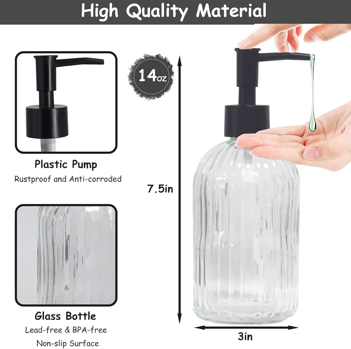 Clear Glass Soap Dispenser with Black Plastic Pump, 13.5oz Refillable Liquid Hand Soap Dispenser