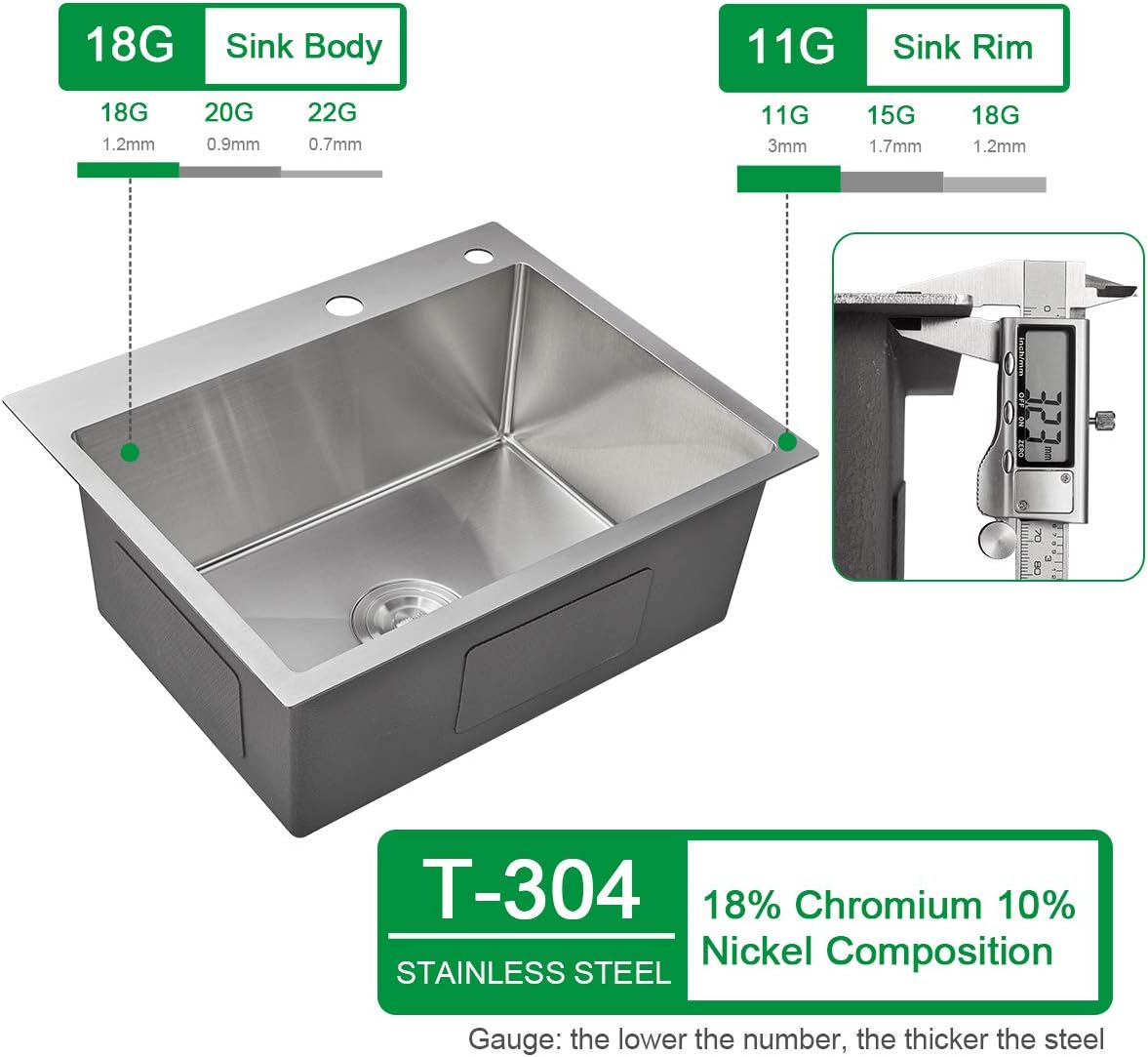 25x18 Inch Kitchen Sink Drop in, Premium T-304 Grade Stainless Steel Sink, 9" Deep Single Bowl with