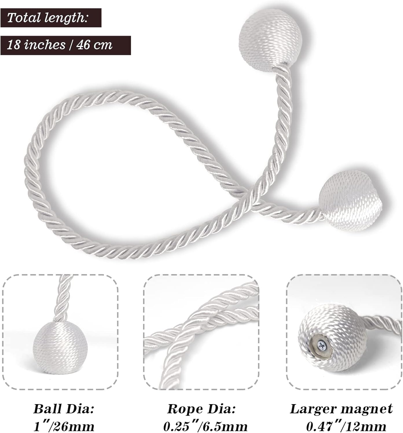 Hion Magnetic Curtain Tiebacks White 2pcs, Curtain Tiebacks Buckles Holdbacks Holders Hooks Clip