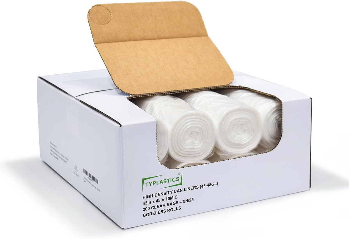 TYPLASTICS 45-48 Gallon Clear Trash Can Liners - 43" x 48" - High Density Garbage Bags - 200 Pack