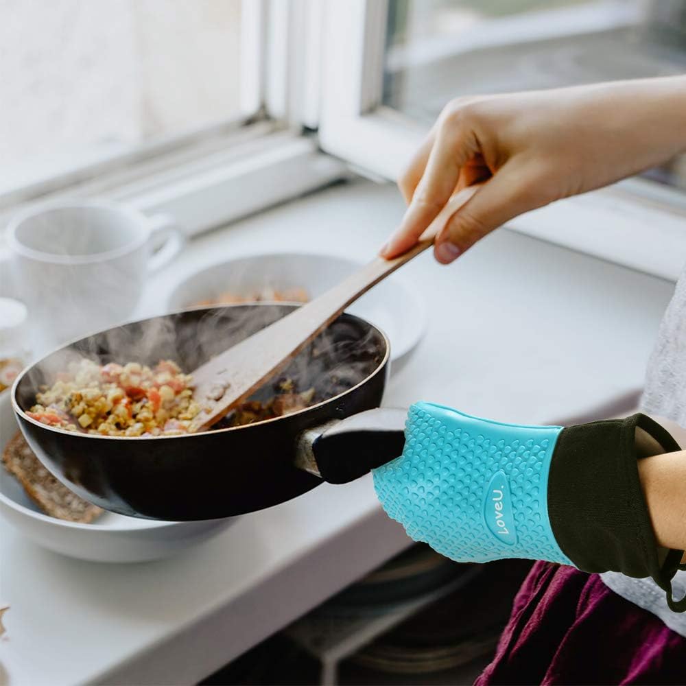 Kitchen Oven Gloves - Dual-Layer Heat Resistant Grilling Gloves, Silicone Oven Mitts with 5