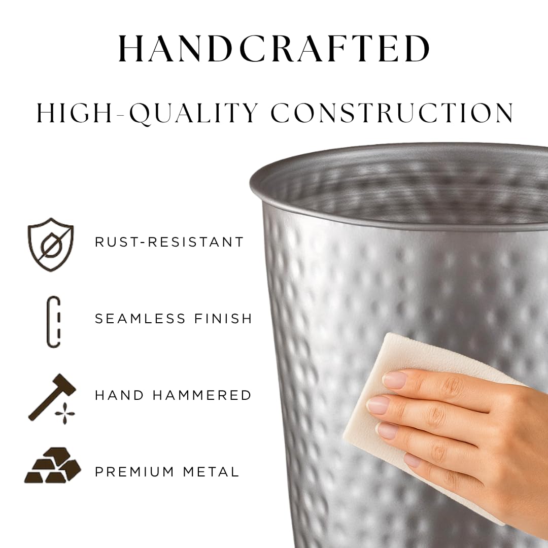 Monarch Abode Pewter Hand Hammered Metal Wastebasket for Home Office Bedroom, Decorative Waste