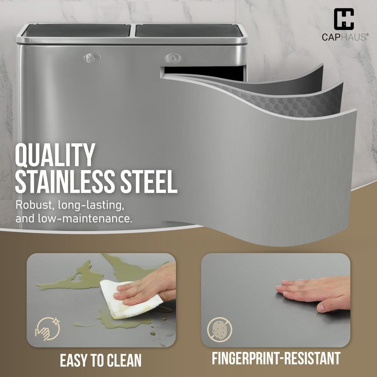 CAPHAUS Dual Trash Can with Double Lid, Trash and Recycle Bins Combo, Hands-Free Stainless-Steel