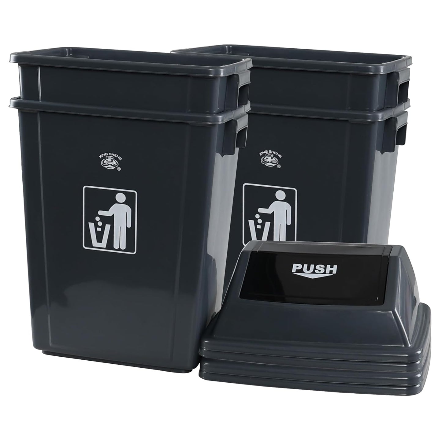 18 Gallon Plastic Trash Can with Swing Lid, 4-Pack Large Kitchen Swing-Top Garbage Can, Grey