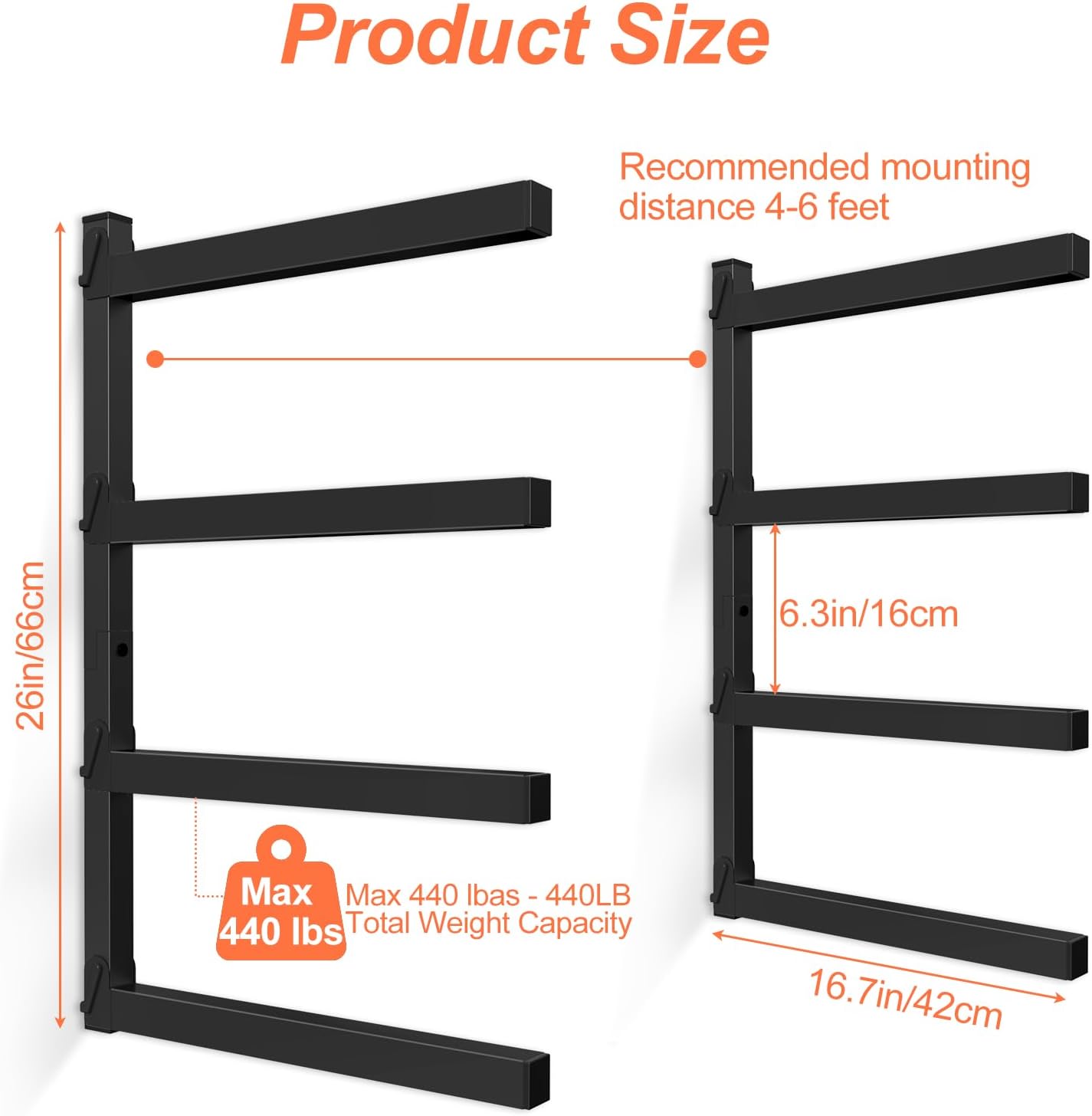 NANANARDOSO Wall Mount Wood Organizer and Lumber Storage,Heavy Duty Metal Shelf with 4-Level,Lumber