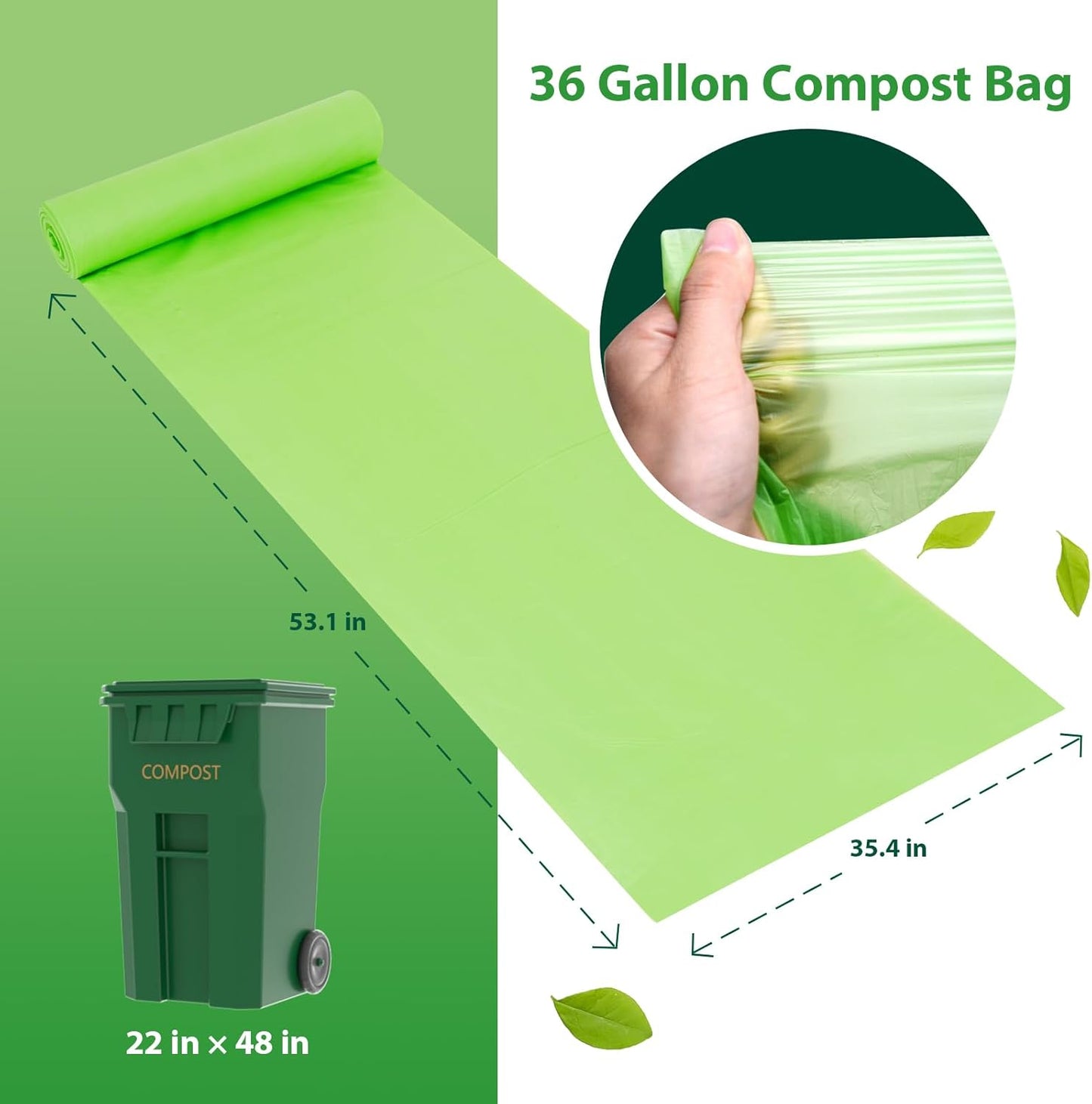 GreFusion Compostable 36 gallon Trash Bags, Extra Thick 1.28 Mills, Compost 36 Gal Trash Bags