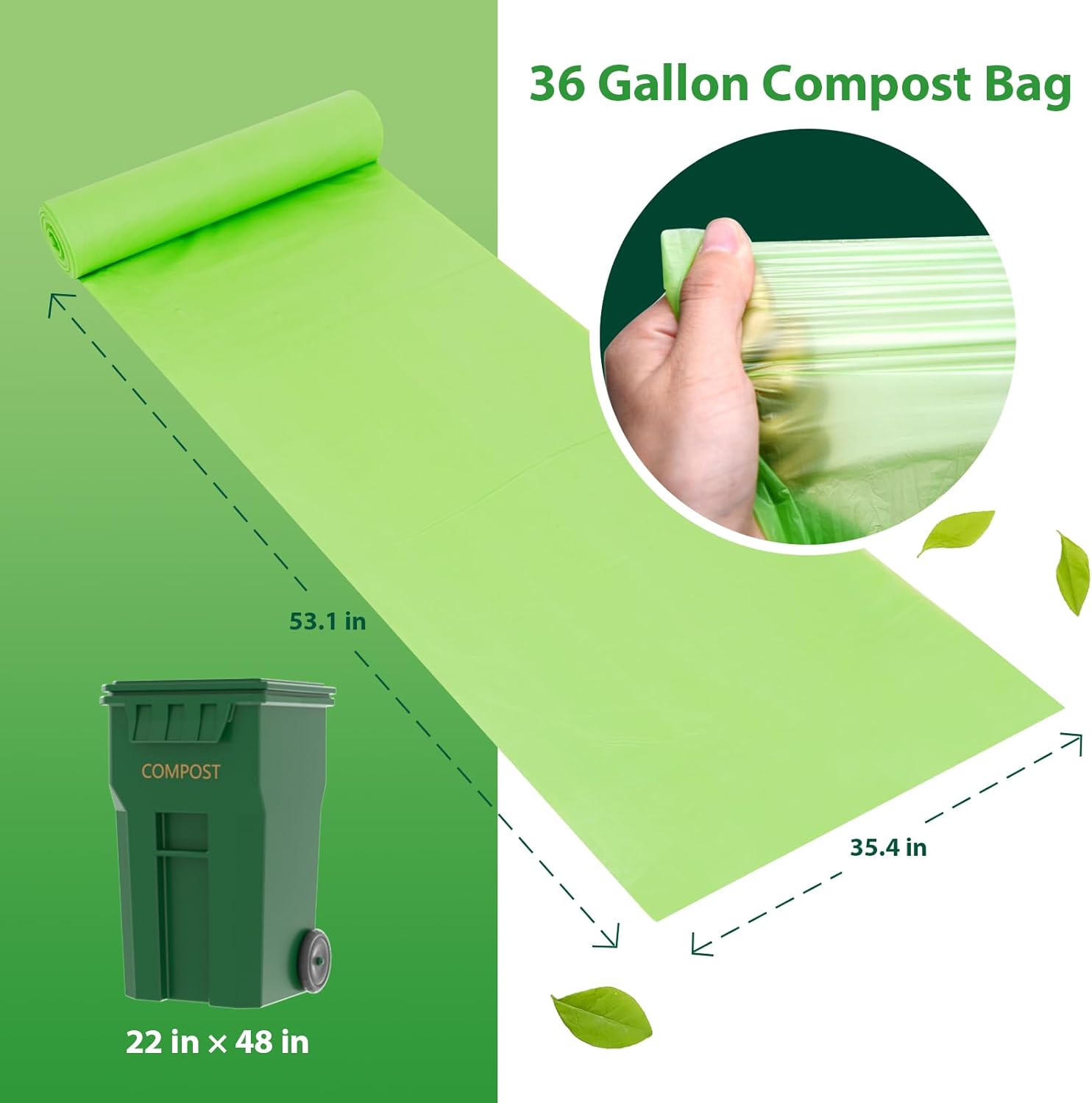GreFusion Compostable 36 gallon Trash Bags, Extra Thick 1.28 Mills, Compost 36 Gal Trash Bags