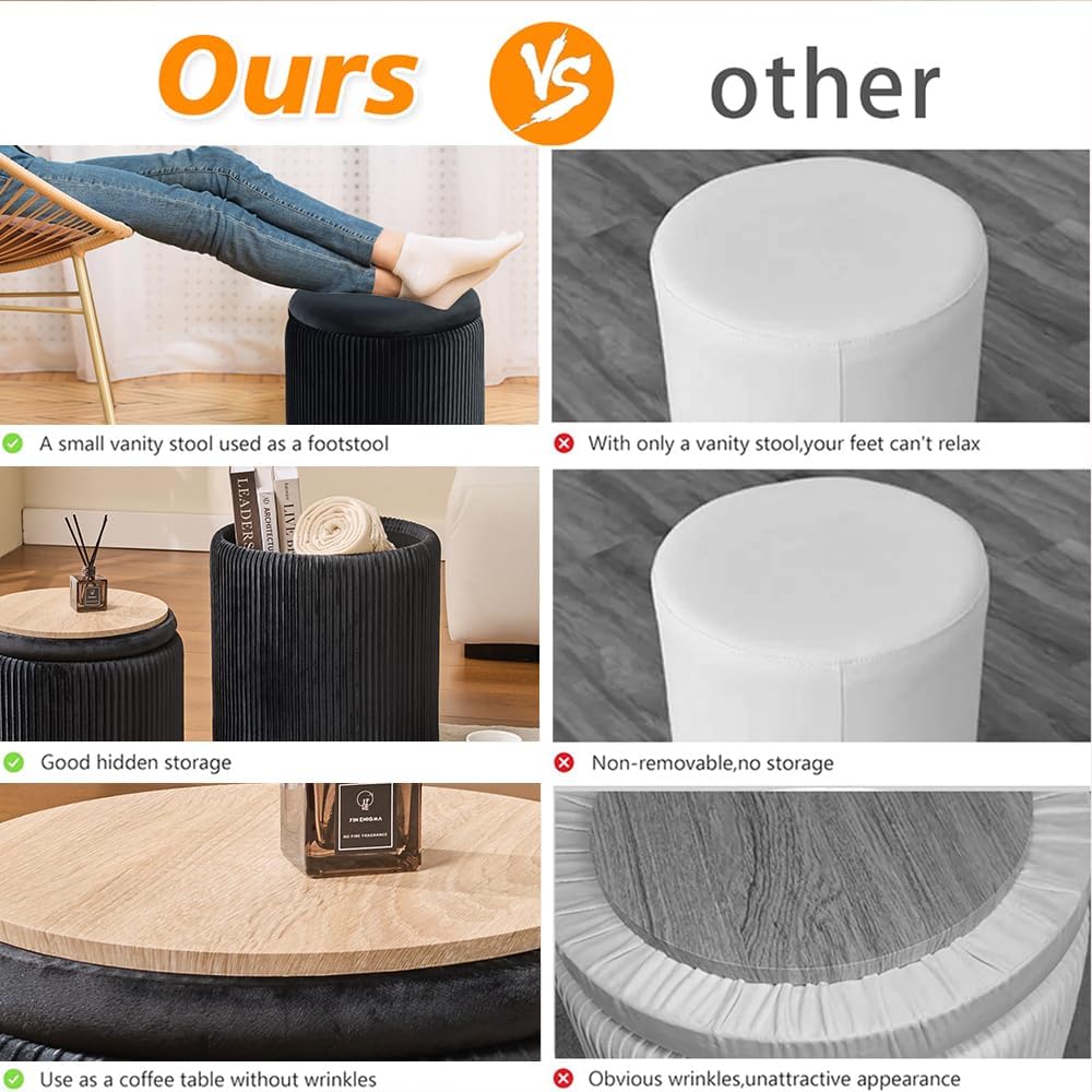 Round Set of 2 Ottoman with Storage-Upholstered Velvet Vanity Stool for Makeup Multifunctional