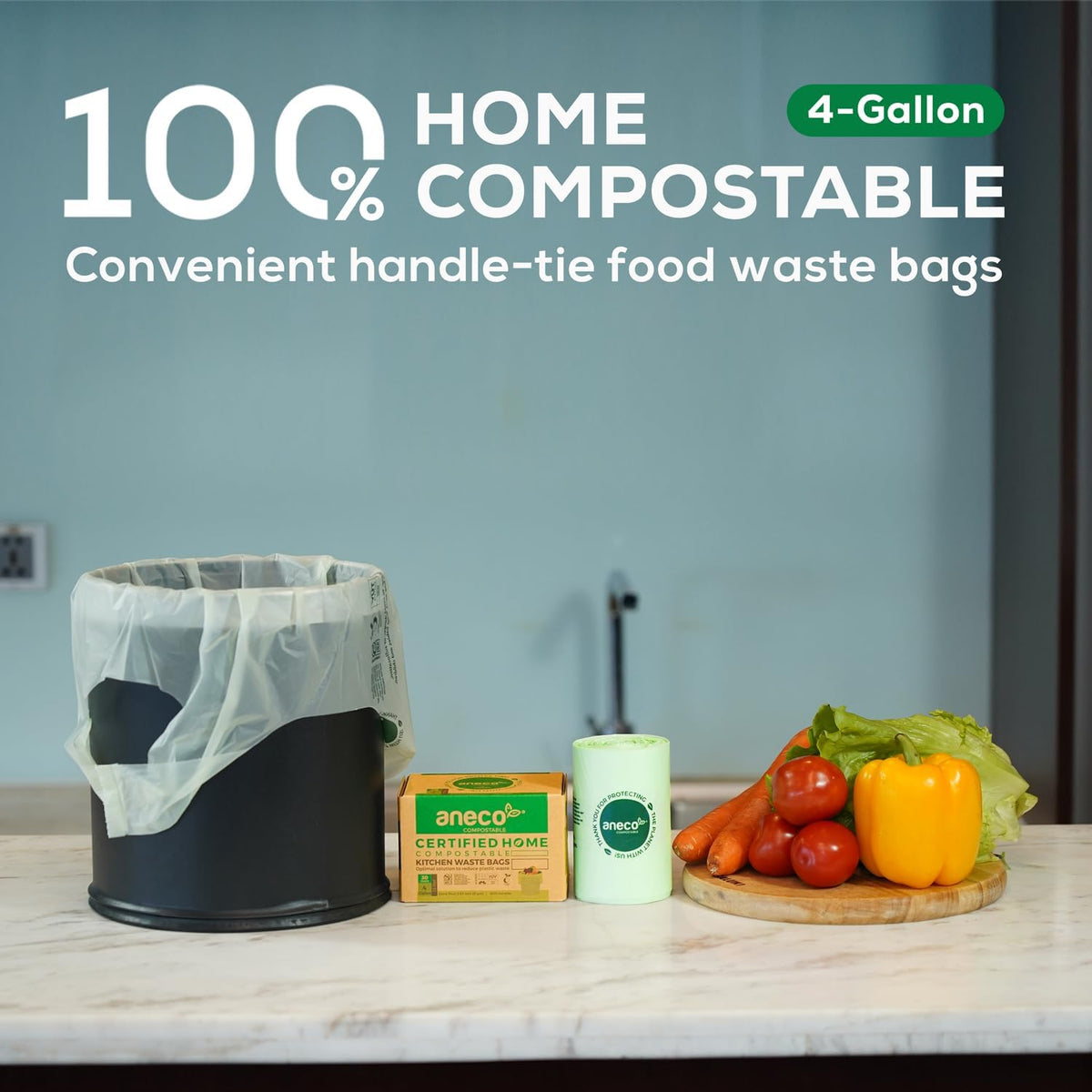 ANECO 4 Gallon Compostable Food Waste Bags with Handles, Extra Thick Compost Bags for Medium