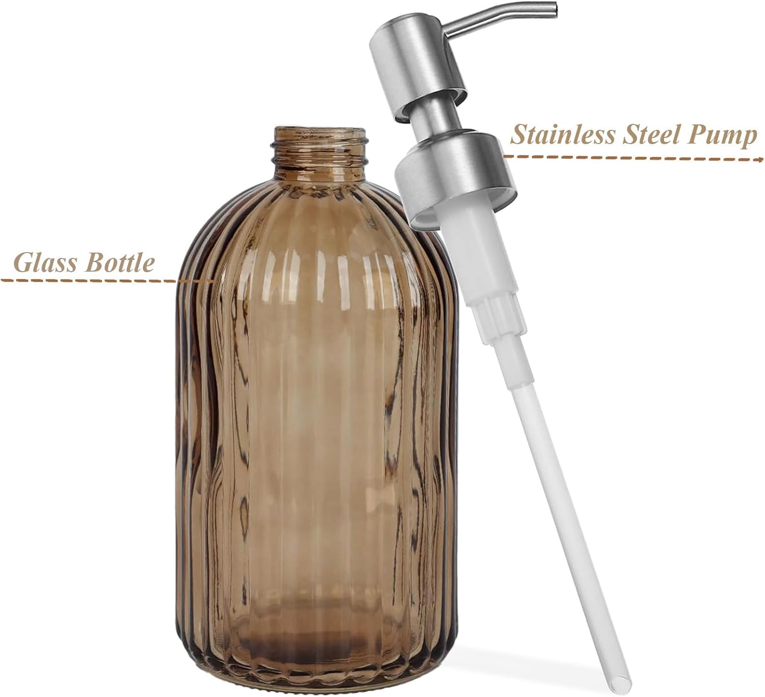 14Oz Brown Soap Dispenser Bathroom, Clear Glass Hand Soap Dispensers with Stainless Steel Pump