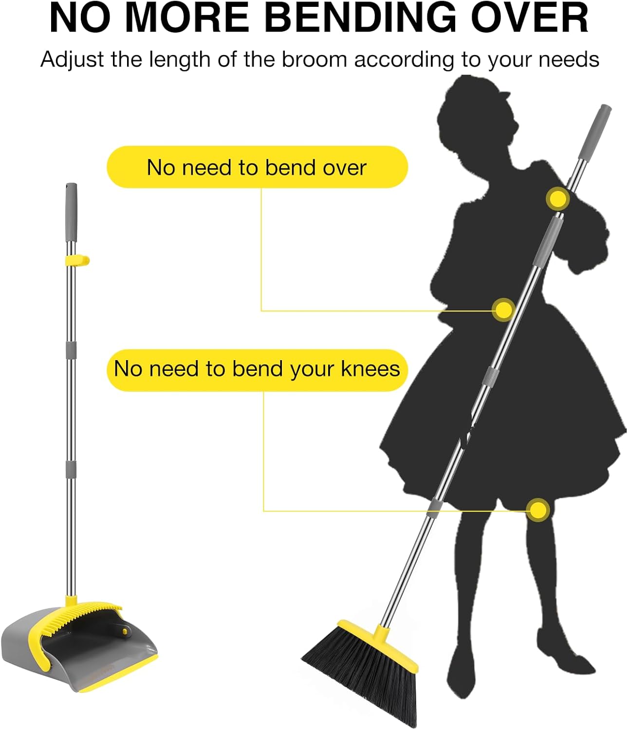 NACENA Broom and Dustpan Set, 52-in Long Adjustable Handle Broom Dustpan Combo with Dustpan Teeth