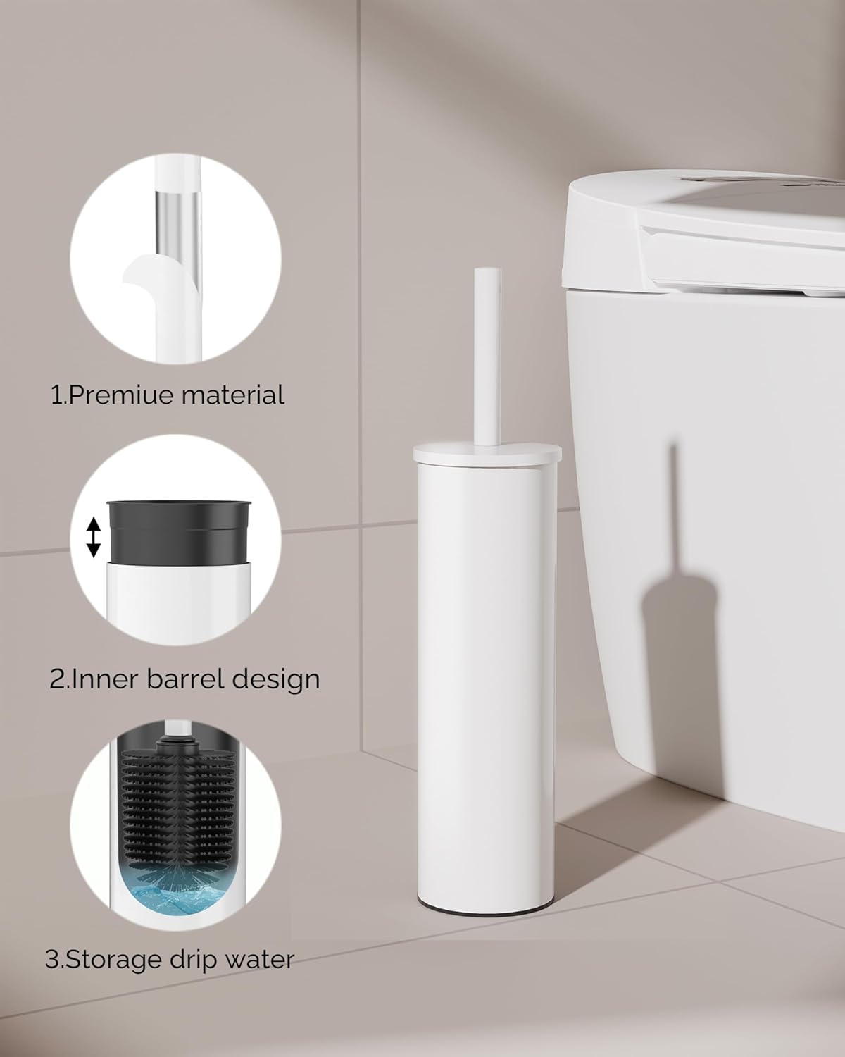 Toilet Brush and Holder Set, Stainless Steel Toilet Bowl Brush with Lid, Rust Proof Toilet Cleaner