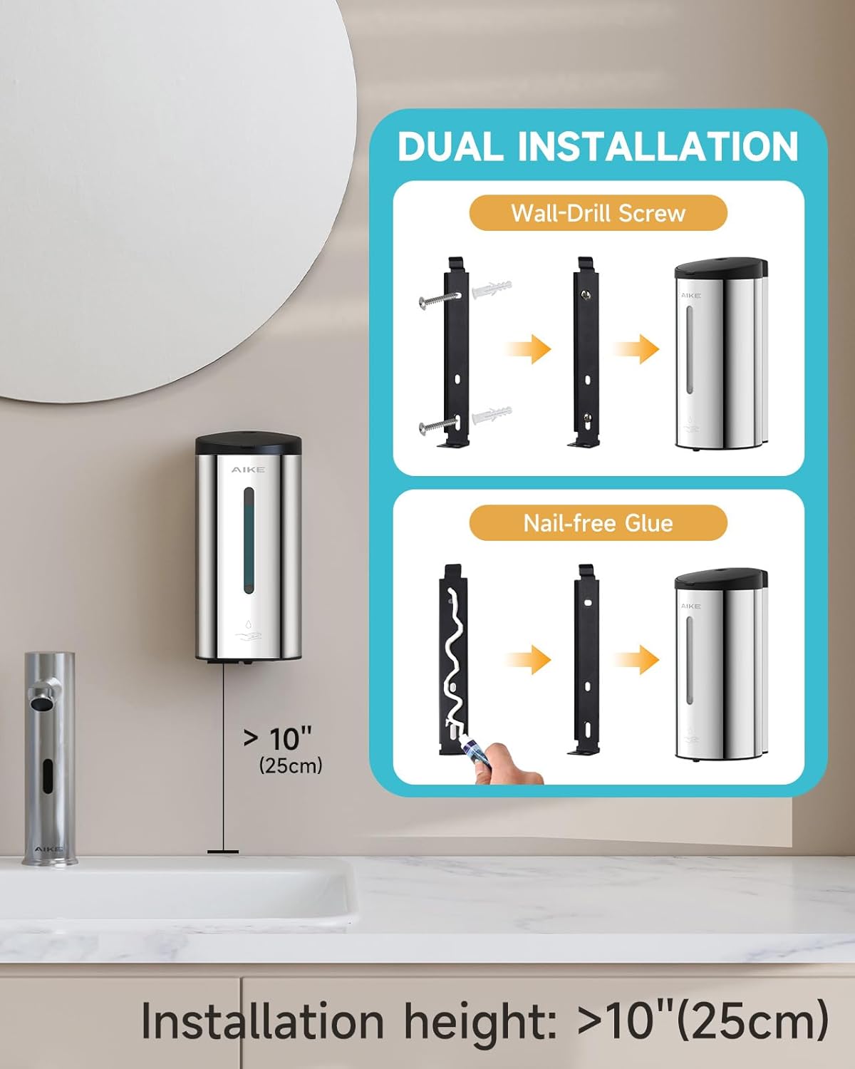 AIKE Automatic Wall Mount Liquid Soap Dispenser, Commercial Stainless Steel with 25oz Large