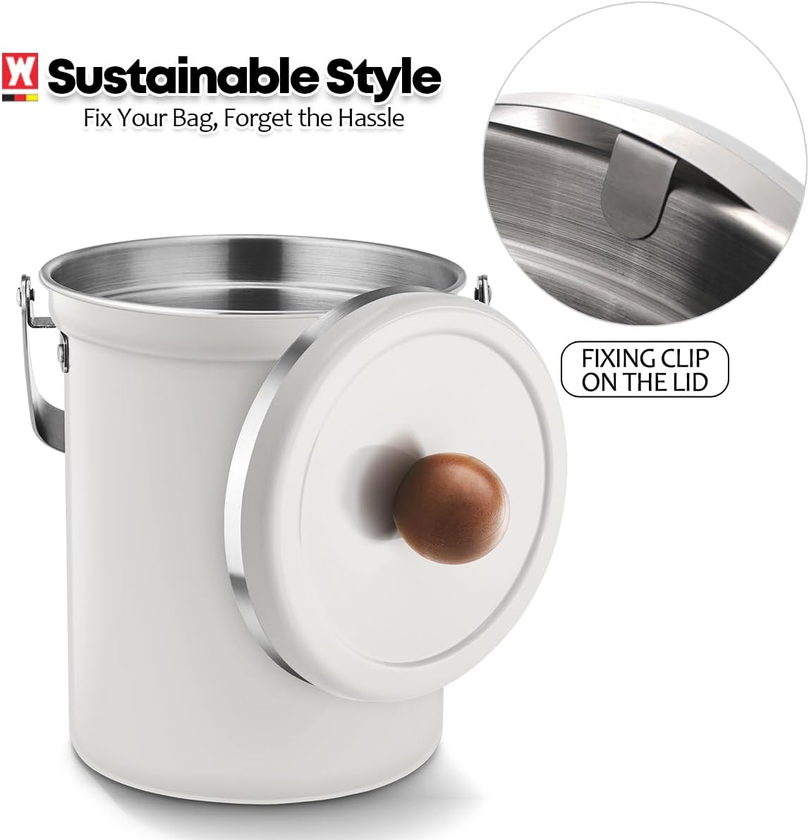 Kitchen Countertop Compost Bin 101ounces / 3Liters, Airtight Lid SUS304 Stainless Steel Odor-Free