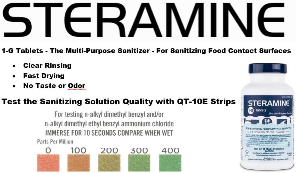 2 Bottles Steramine Sanitizer Tablets - 15x QT-10 Test Strip - Multi Purpose Steramine Sanitizing