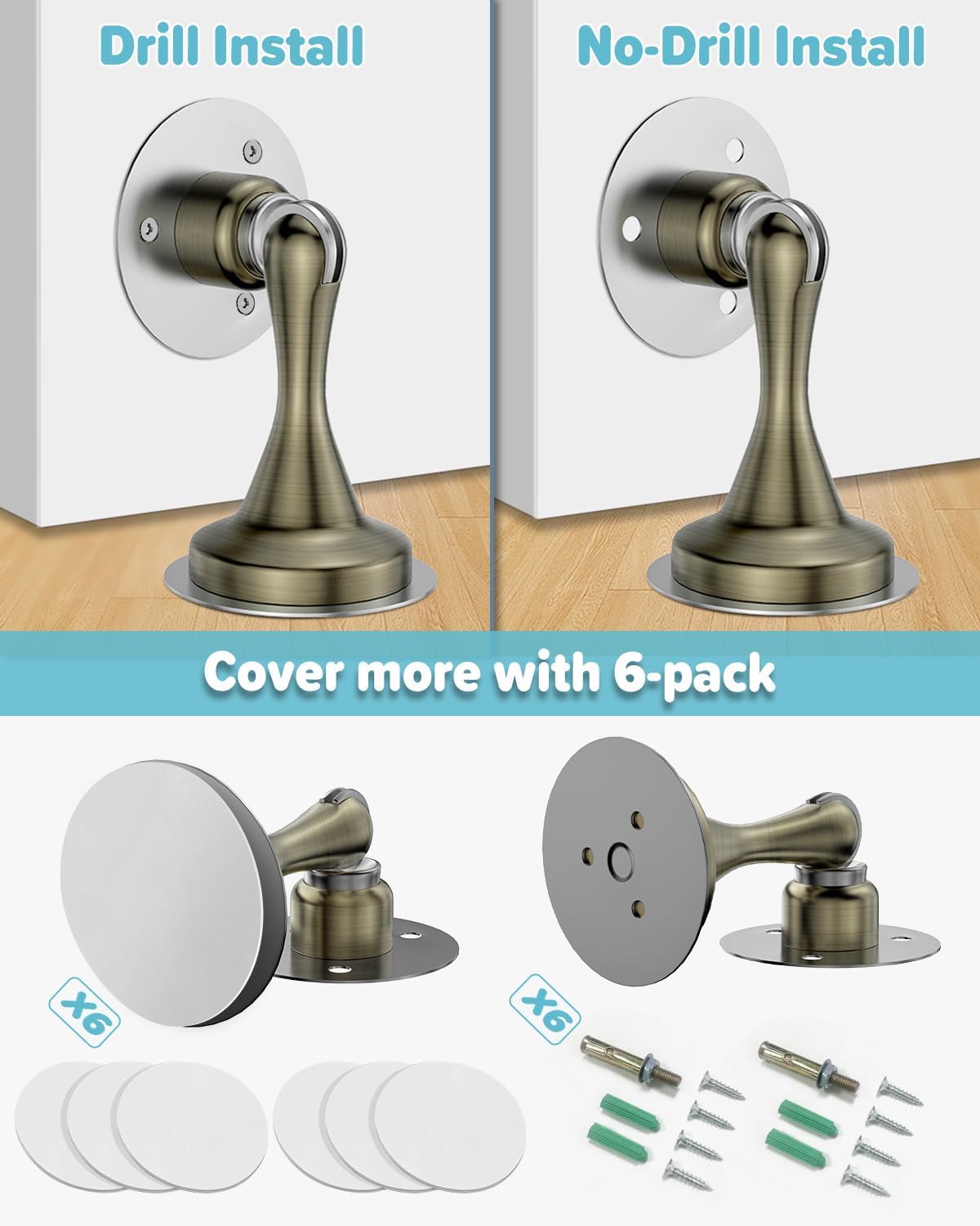 Door Stoppers Magnetic Door Catch - 6 Pack Stainless Steel Heavy Duty Door Stops for Bottom of