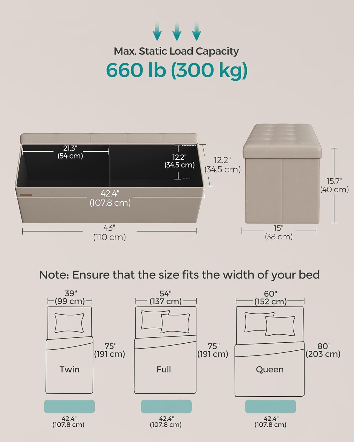 SONGMICS Mazie Collection - 43 Inches Folding Storage Ottoman Bench, Ottoman with Storage, Foot