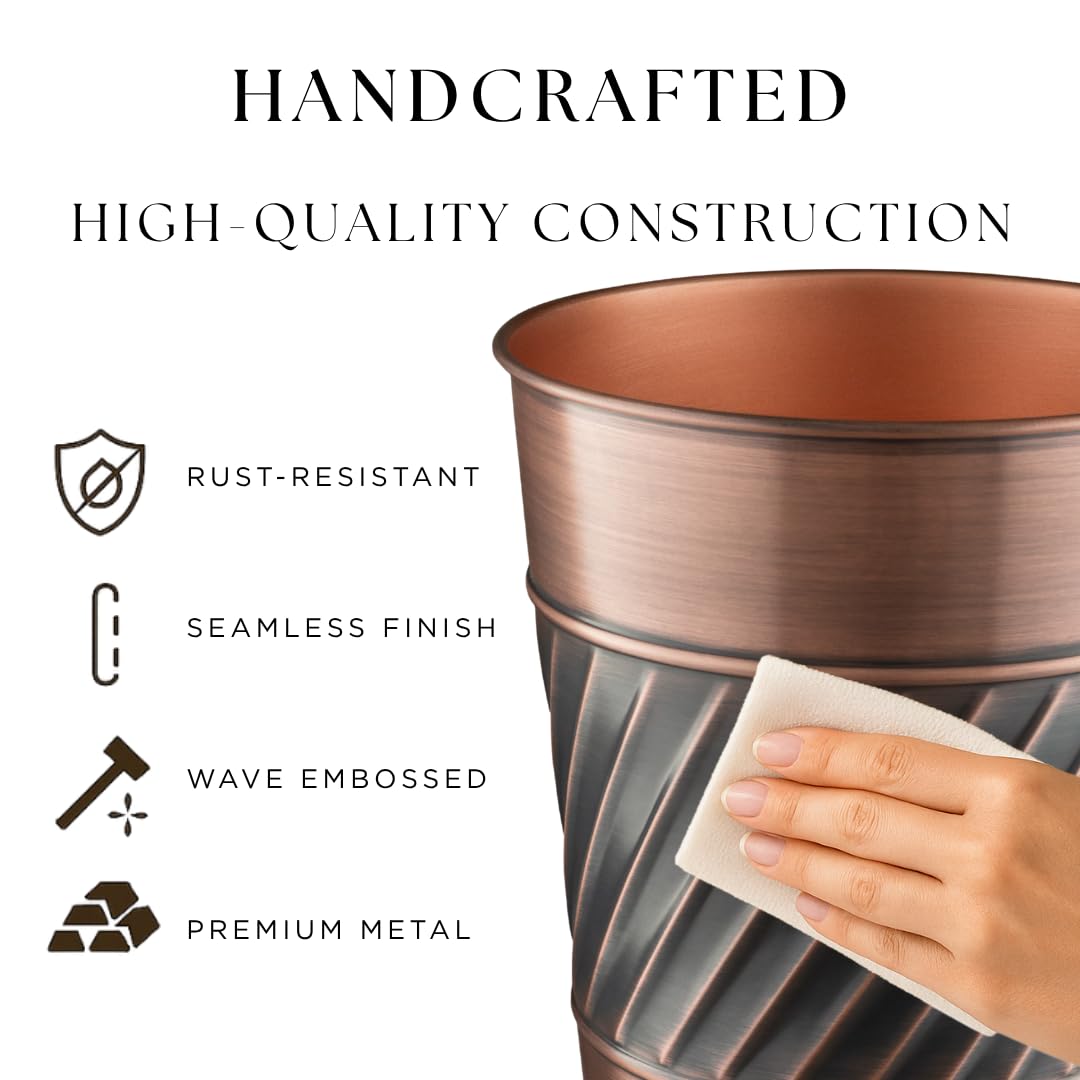 Monarch Abode Metal Wastebasket Trash Can, Handcrafted, Wave Embossed, Bathroom Decor, Antique