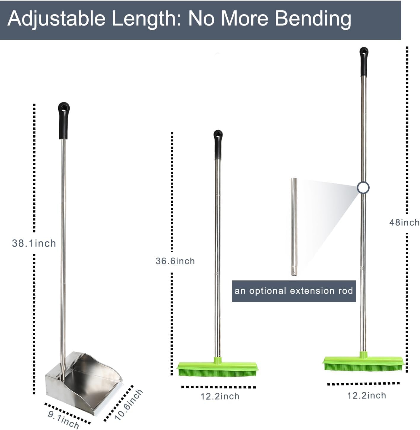 Rubber Broom and Dustpan Set,Pet Hair Removal Rubber Broom with Squeegee and Stainless Steel Dust