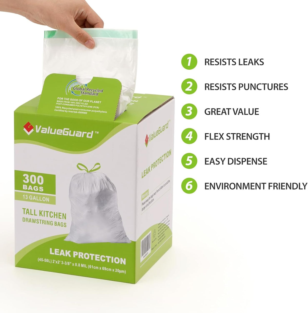 Large Trash Bag 13 Gallon Tall Drawstring 100% Post-Consumer Recycled Garbage Bag Waste Bag for