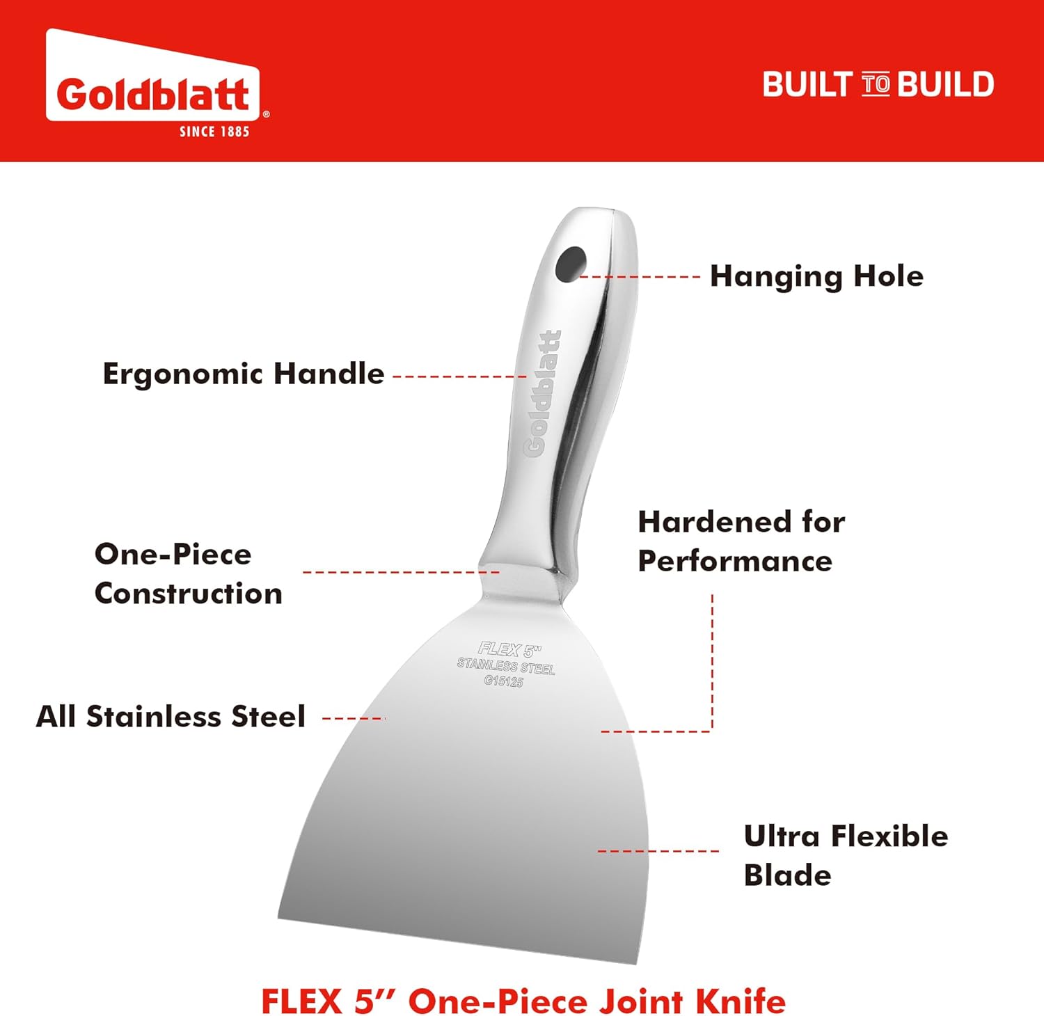 Goldblatt 5" Putty Knife, One-Piece Paint Scraper Tool, All Stainless Steel Joint Knife with