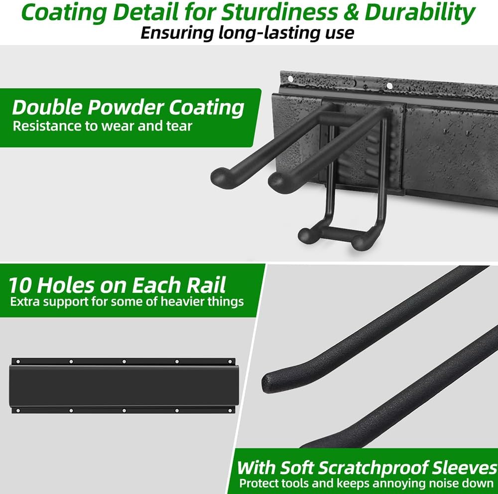 Garage Tool Organizer Wall Mount with 48 inches Rails and 6 Double-layer Hooks, Garden Tool Rack