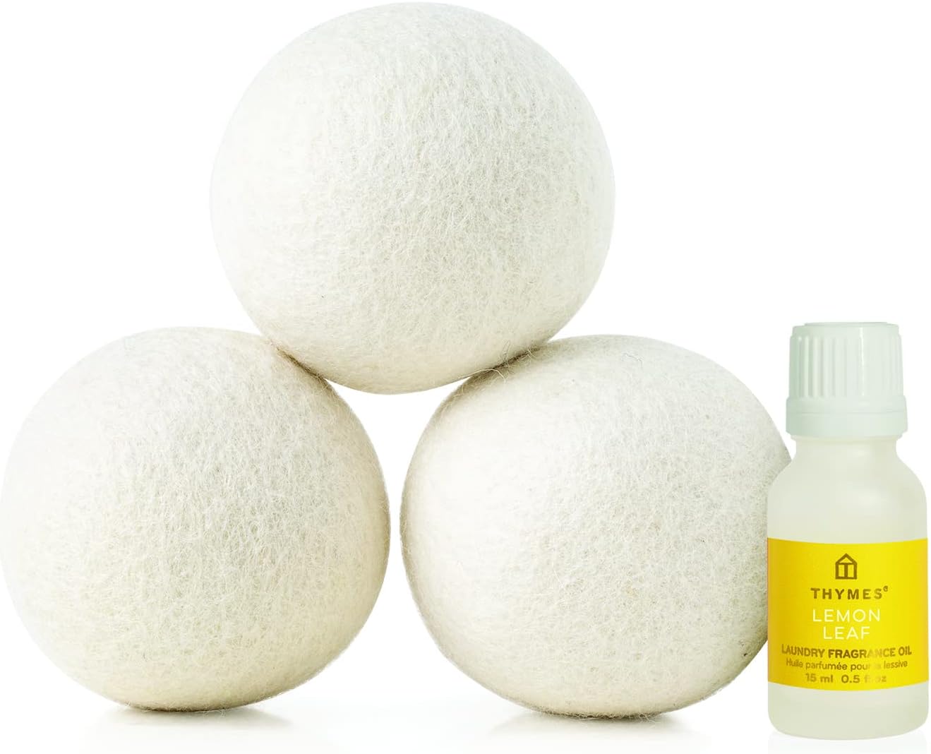 Thymes Wool Dryer Balls Set – Includes 3 Wool Laundry Balls + 1 Scented Laundry Fragrance Oil for