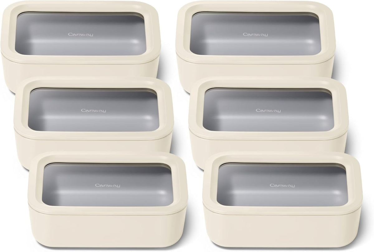 Caraway 6pc Glass Food Storage Set – 6.6 Cup Food Containers (6) - Ceramic Coated - Non Toxic, Non