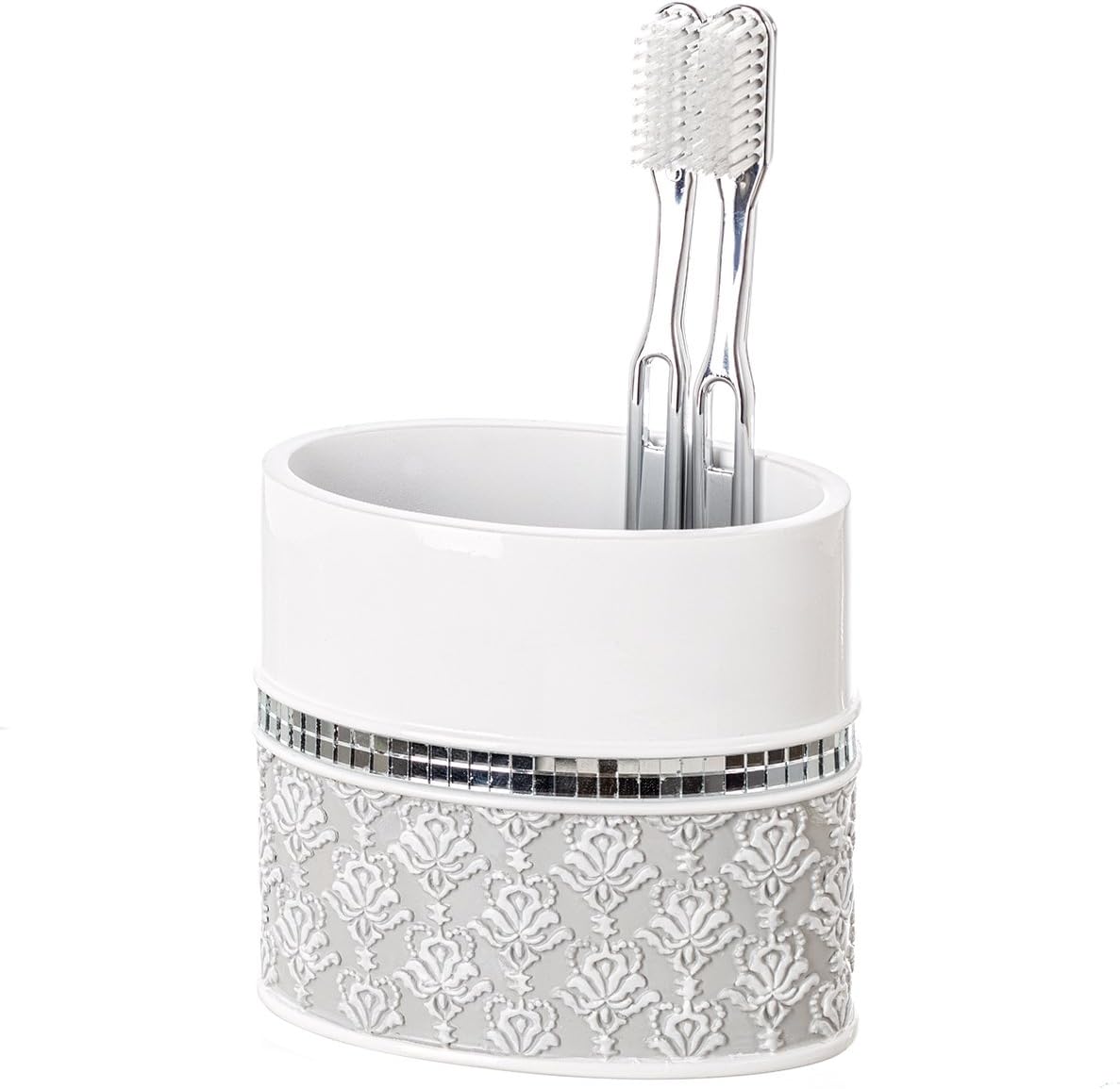 Creative Scents Mirror Damask Toothbrush Holder for Bathroom - Gray & White Toothbrush and