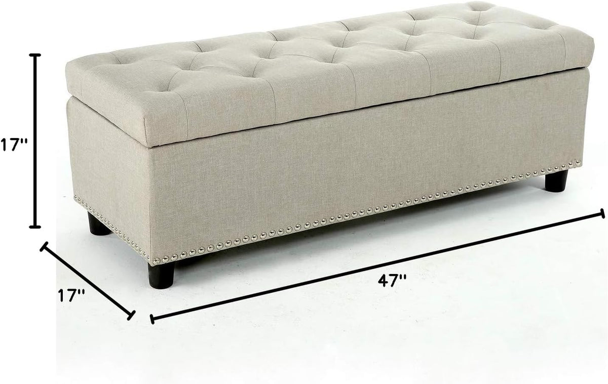 BELLEZE 47" Storage Ottoman, Storage Bench with Safety Close Hinge, Linen Button-Tufted Ottoman for