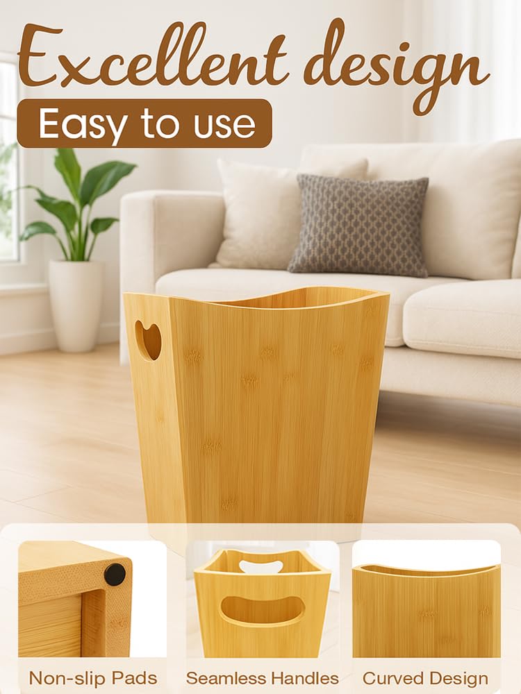 Wood Trash Can - Bedroom Trash Can Decorative with Handles - Bamboo Small Wastebaskets for Bathroom