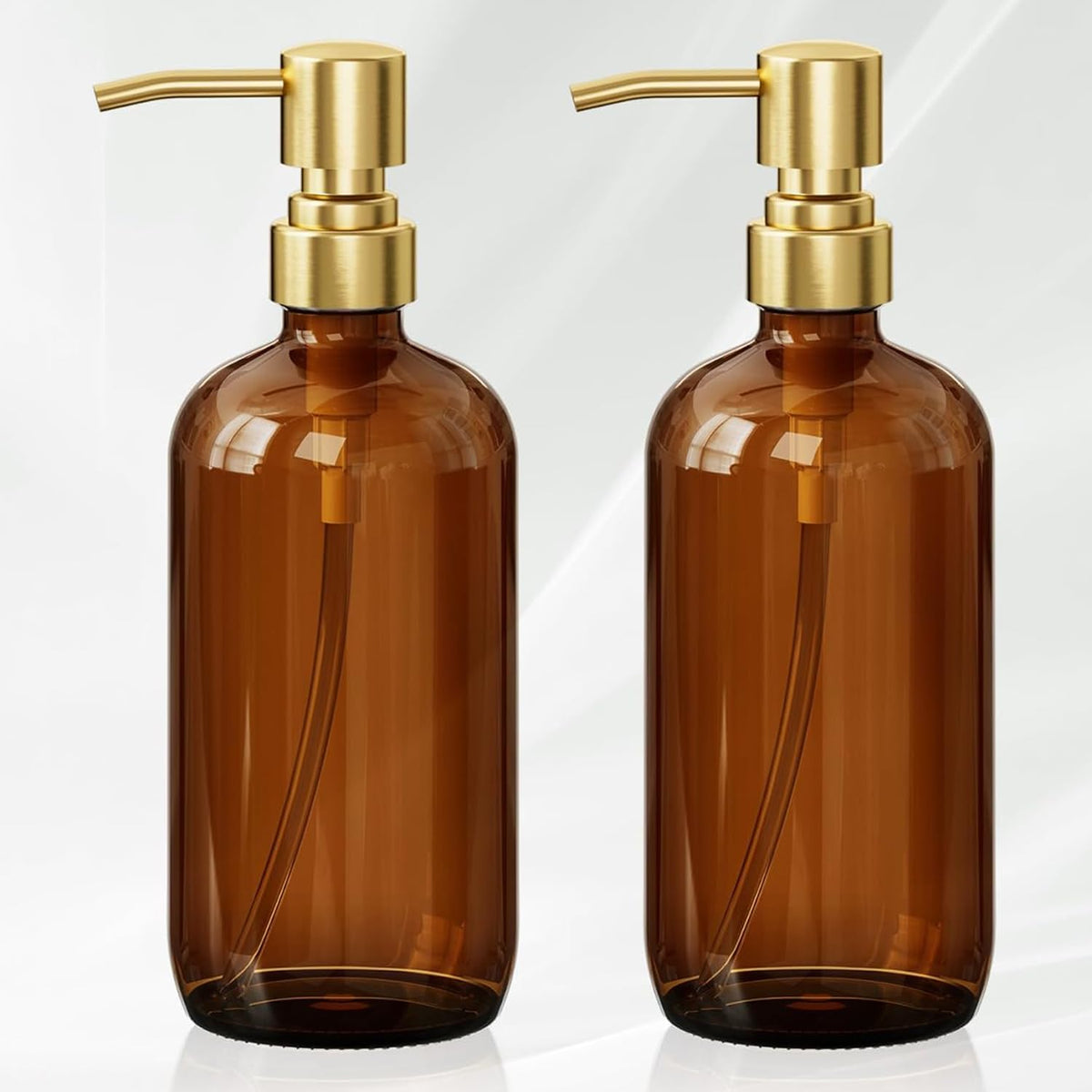 AmazerBath Amber Glass Soap Dispenser, 2 Pack Vintage Brown Bottle with Stainless Steel Pump,17 Oz