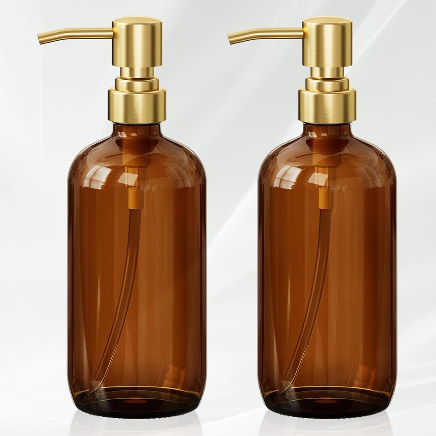 AmazerBath Amber Glass Soap Dispenser, 2 Pack Vintage Brown Bottle with Stainless Steel Pump,17 Oz