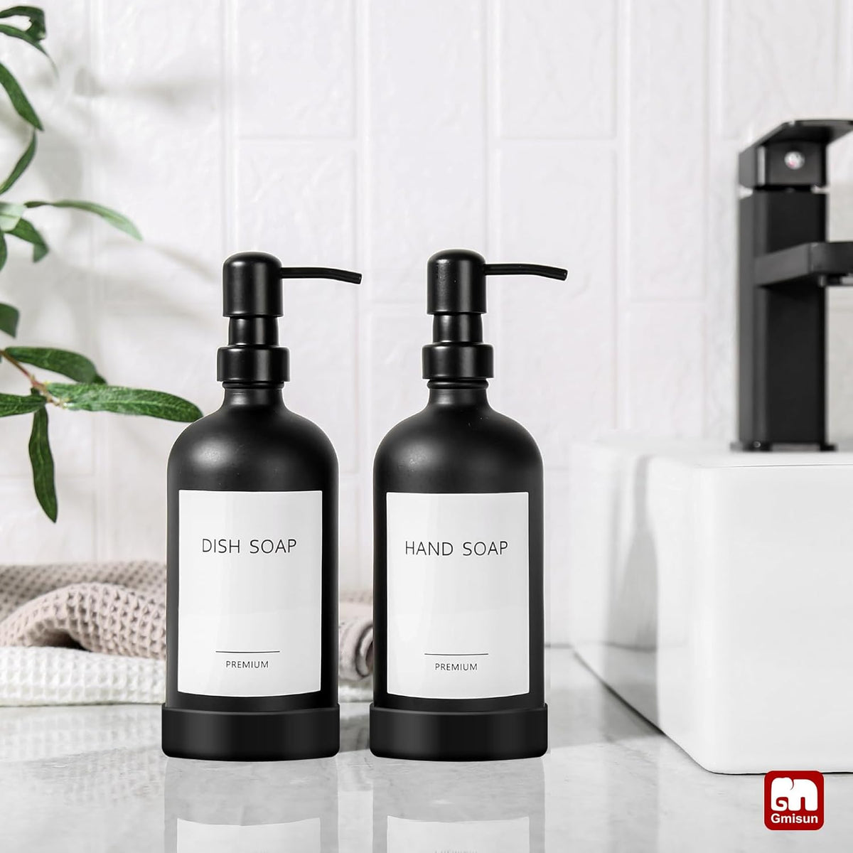 GMISUN Black Soap Dispenser with Silicone Sleeve Boot, 2 Pack Glass Bathroom Hand Soap Dispensers