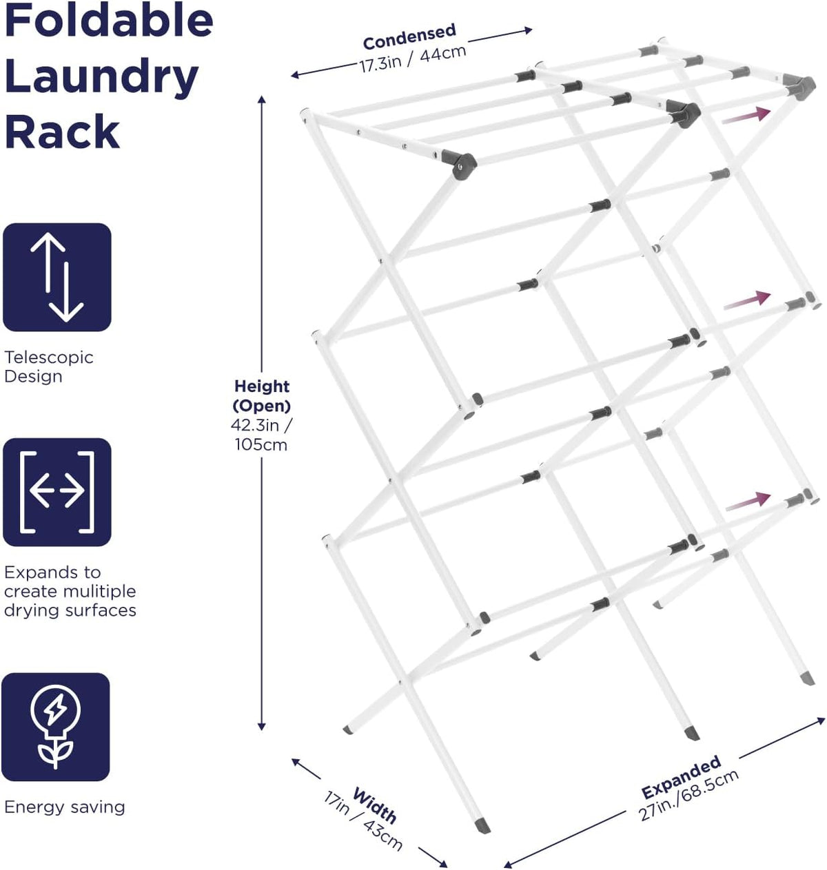 BLACK+DECKER 3 Tier Expandable Collapsing Foldable Laundry Rack for Air Drying Clothing, Space