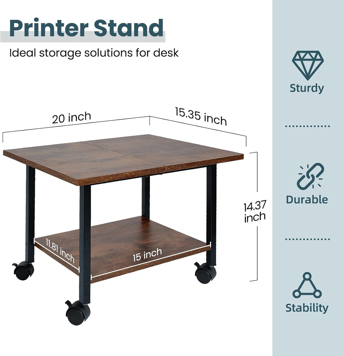 Printer Stand with Storage Under Desk Shelf, Desktop Printer Stand Organizer, Rolling Printer Cart