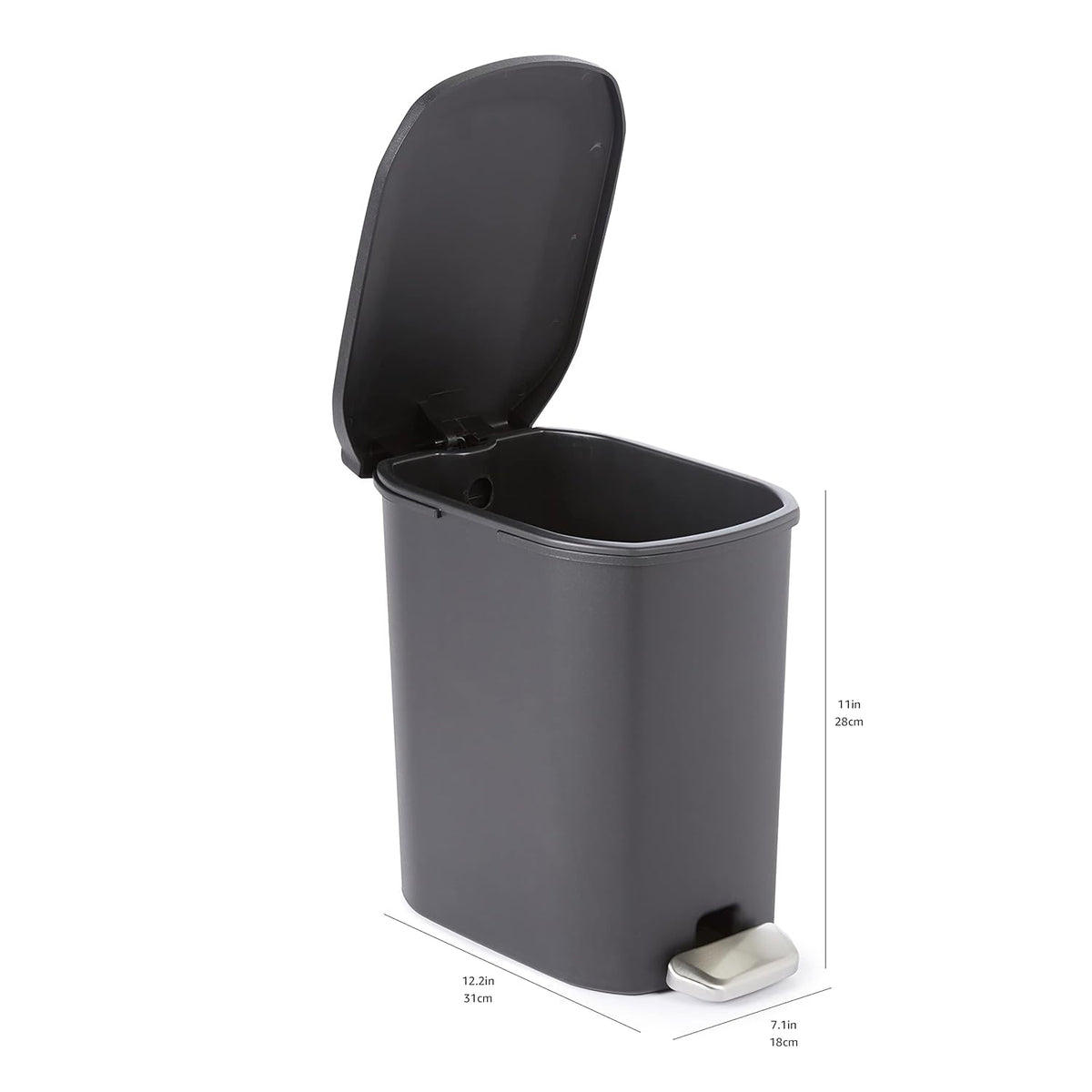 Amazon Basics Compact Plastic Bathroom Trash Can with Hands Free Foot Pedal, Quiet Close Step-On, 6