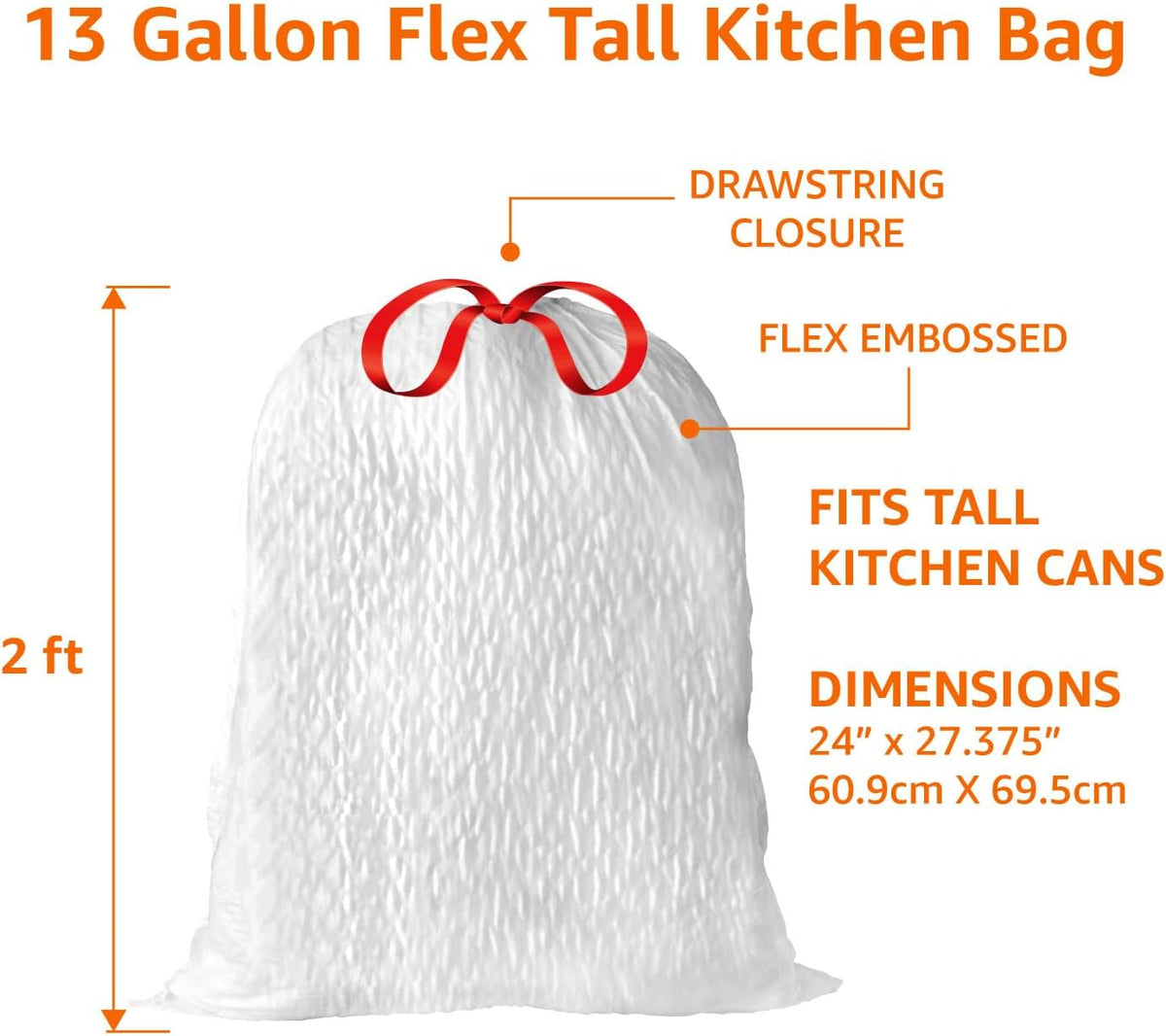 Amazon Basics Ultra-Force Tall Kitchen Drawstring Trash Bags, Classic Clean Scented, 13 Gallon, 80