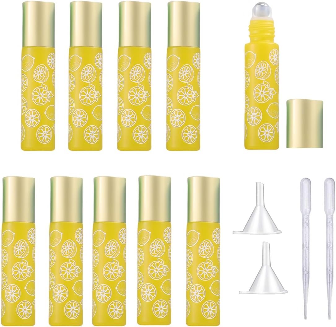 10 Pcs Yellow Glass Essential Oil Roller Bottles,10ml Empty Refillable Roll on Bottles,Glass Travel