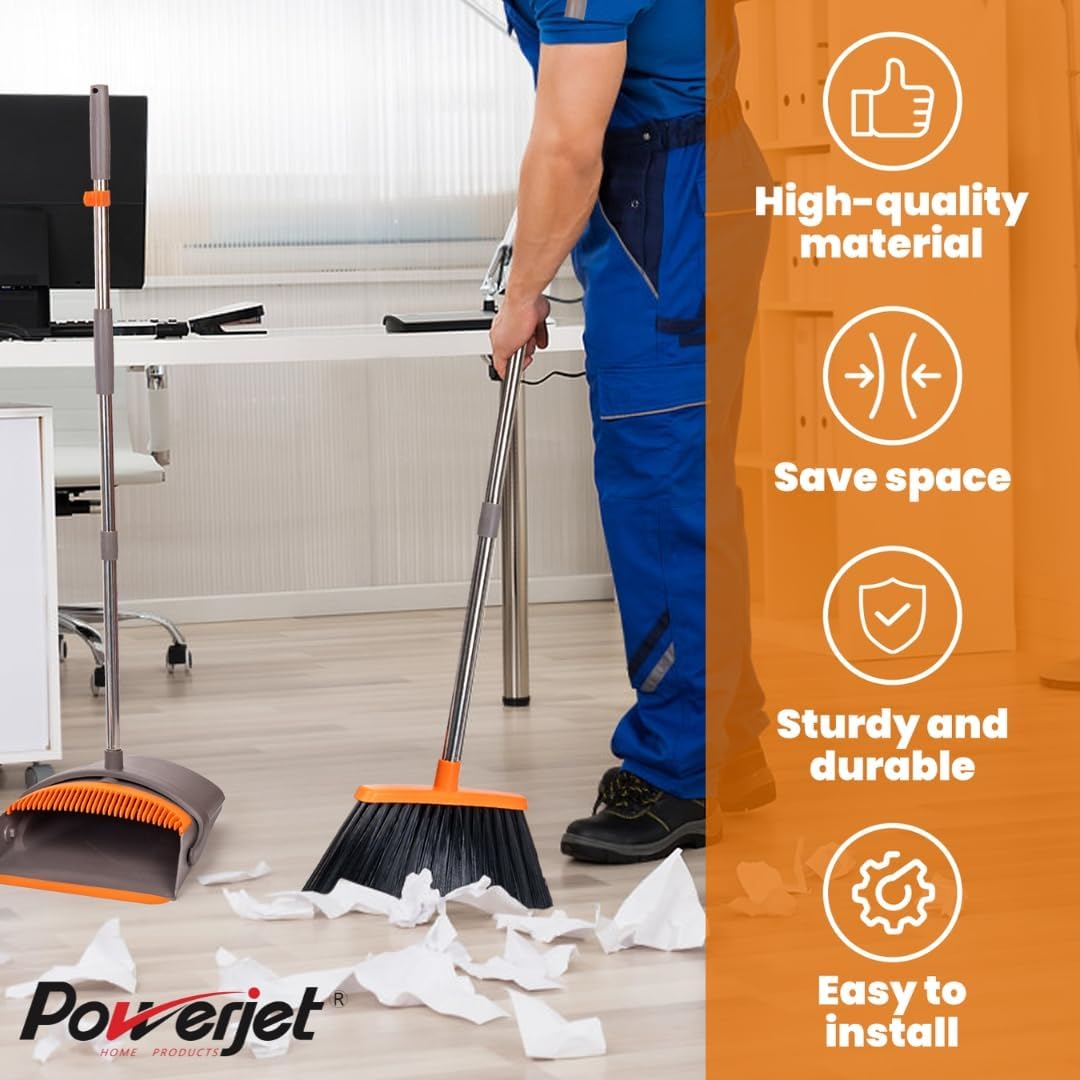 POWERJET Upright Broom & Dustpan Set (420900), Angled Lobby Broom, Exclusive Long Handle Extendable