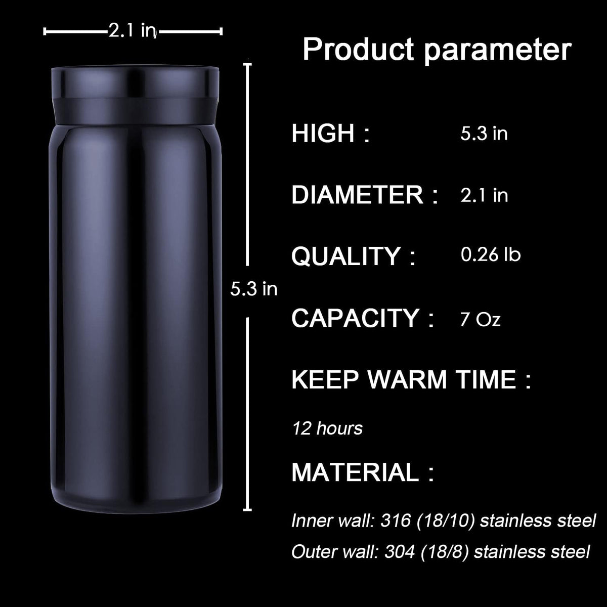 Mini Thermos Cute Water Bottle - 7 oz Tiny Insulated Vacuum 18/10 Stainless Steel Small Flask