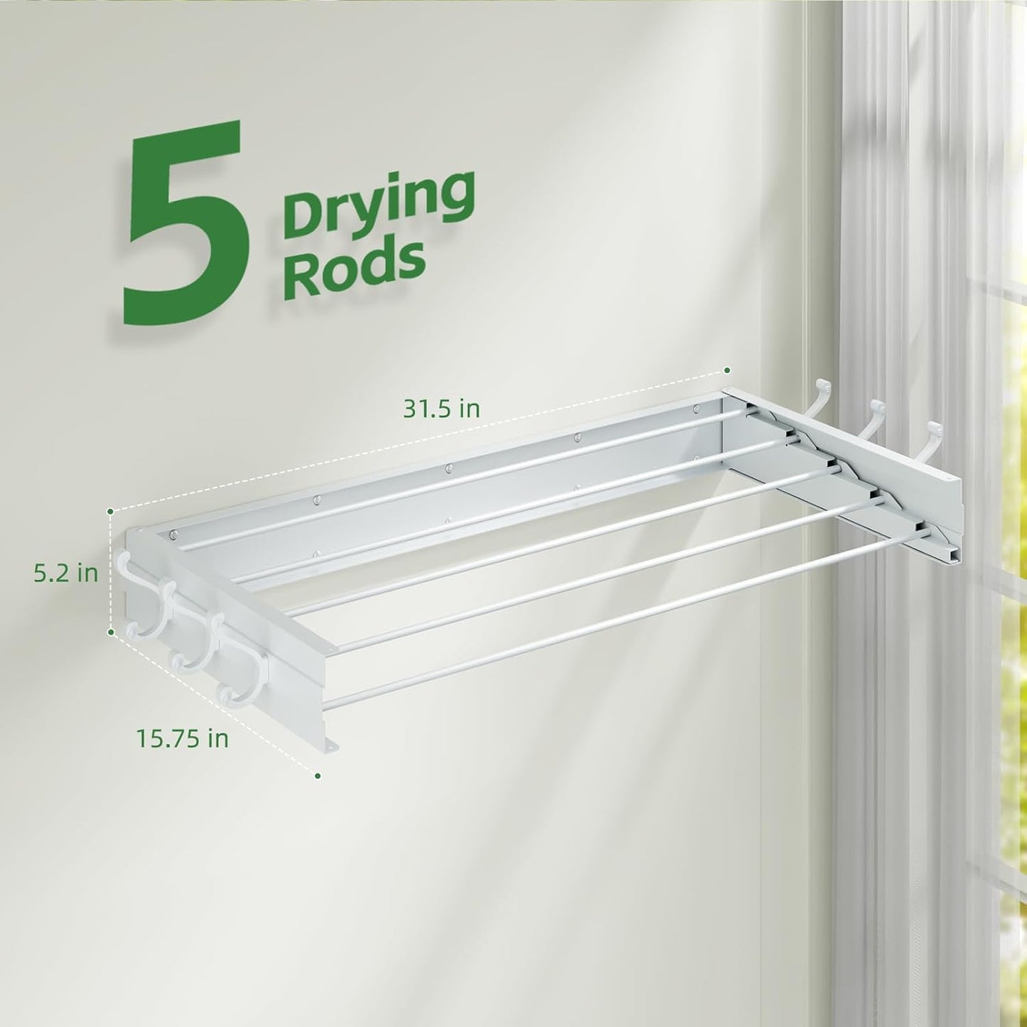 Wall Mounted Drying Rack 31.5", Foldable Clothes Drying Rack with 6 Towel Hooks and 5 Rods for