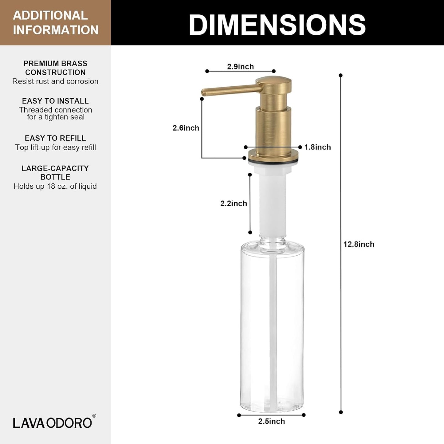 Lava Odoro Champagne Gold Soap Dispenser for Kitchen Sink, Modern Brass Built in Countertop Pump