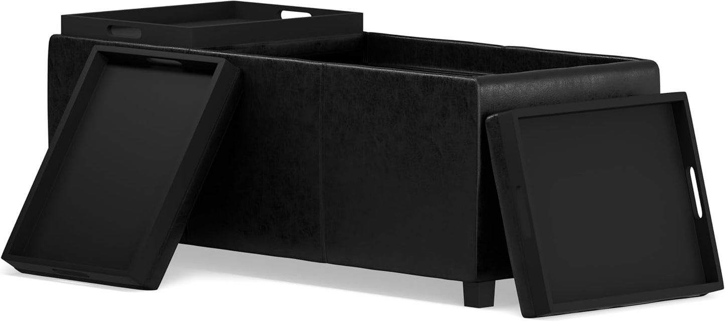 SIMPLIHOME Avalon 42 inch Wide Contemporary Rectangle Storage Ottoman in Distressed Black Vegan