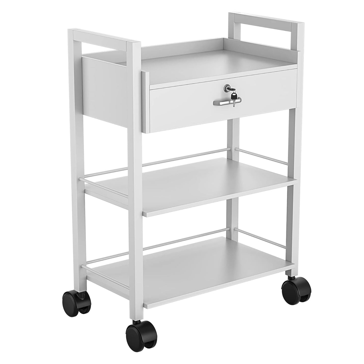Paddie Salon Trolley Cart, Wooden Mobile Utility Cabinet Lab Cart with 1 Drawer 2 Trays, Rolling