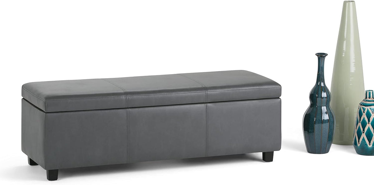 SIMPLIHOME Avalon 48 inch Wide Contemporary Rectangle Storage Ottoman Bench in Stone Grey Vegan