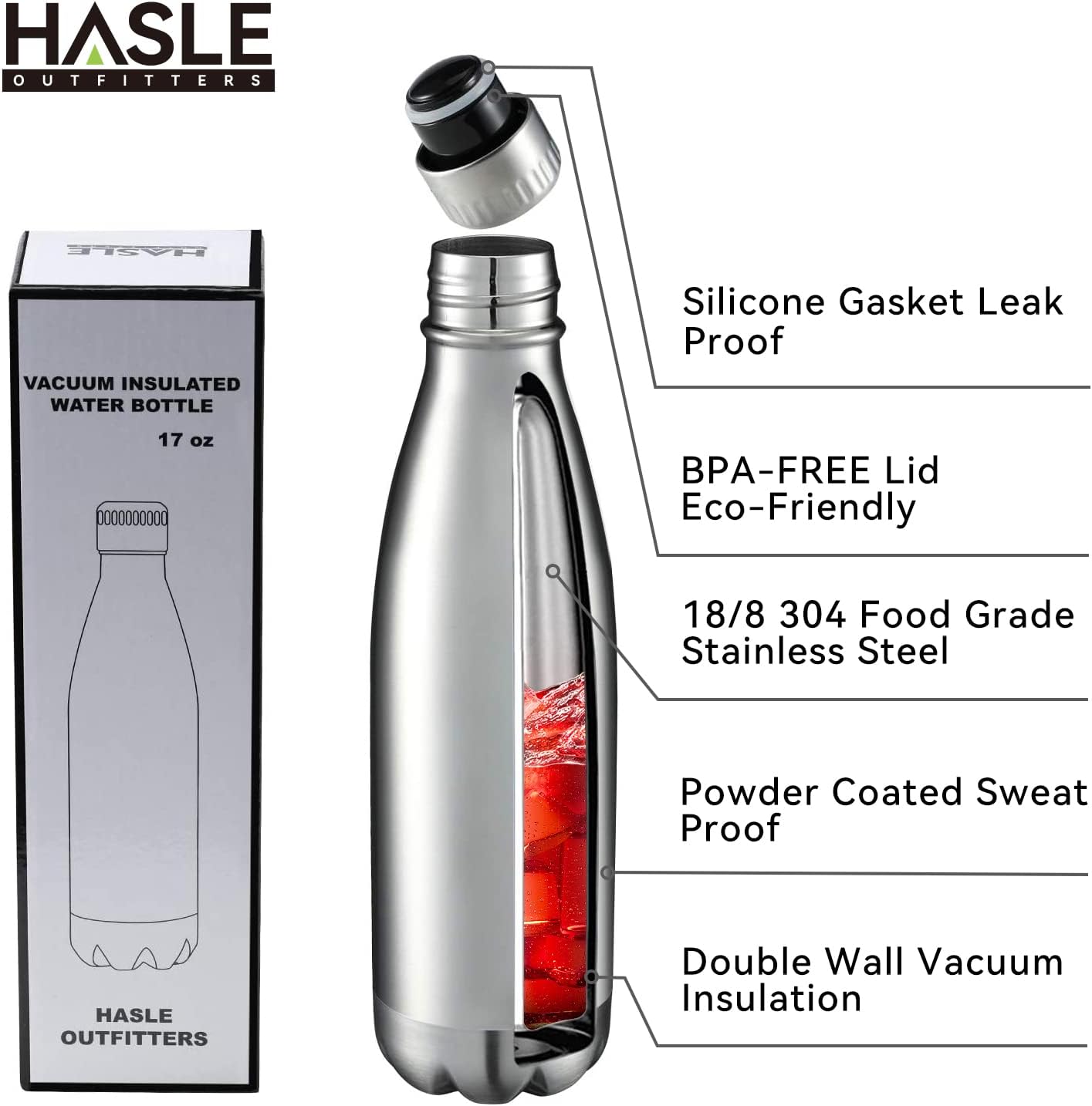 HASLE OUTFITTERS 17oz Stainless Steel Water Bottles, Vacuum Insulated Water Bottles Double Walled